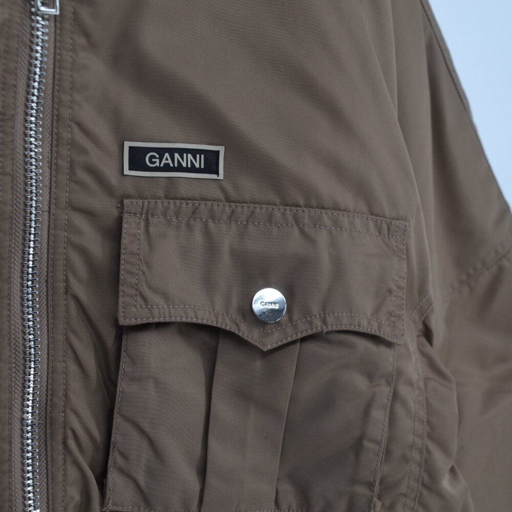 Ganni Outwear Nylon Cropped Bomber Jacket Fossil Brown Full Zip Womens 36 US 4 - Picture 5 of 8